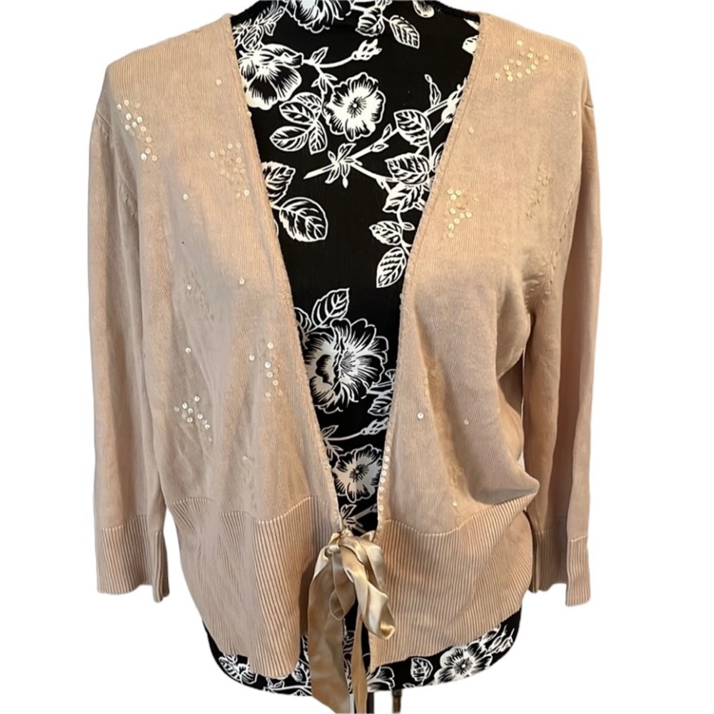 Apostrophe size XL nude cardigan with sequin detail ribbon tie at waist